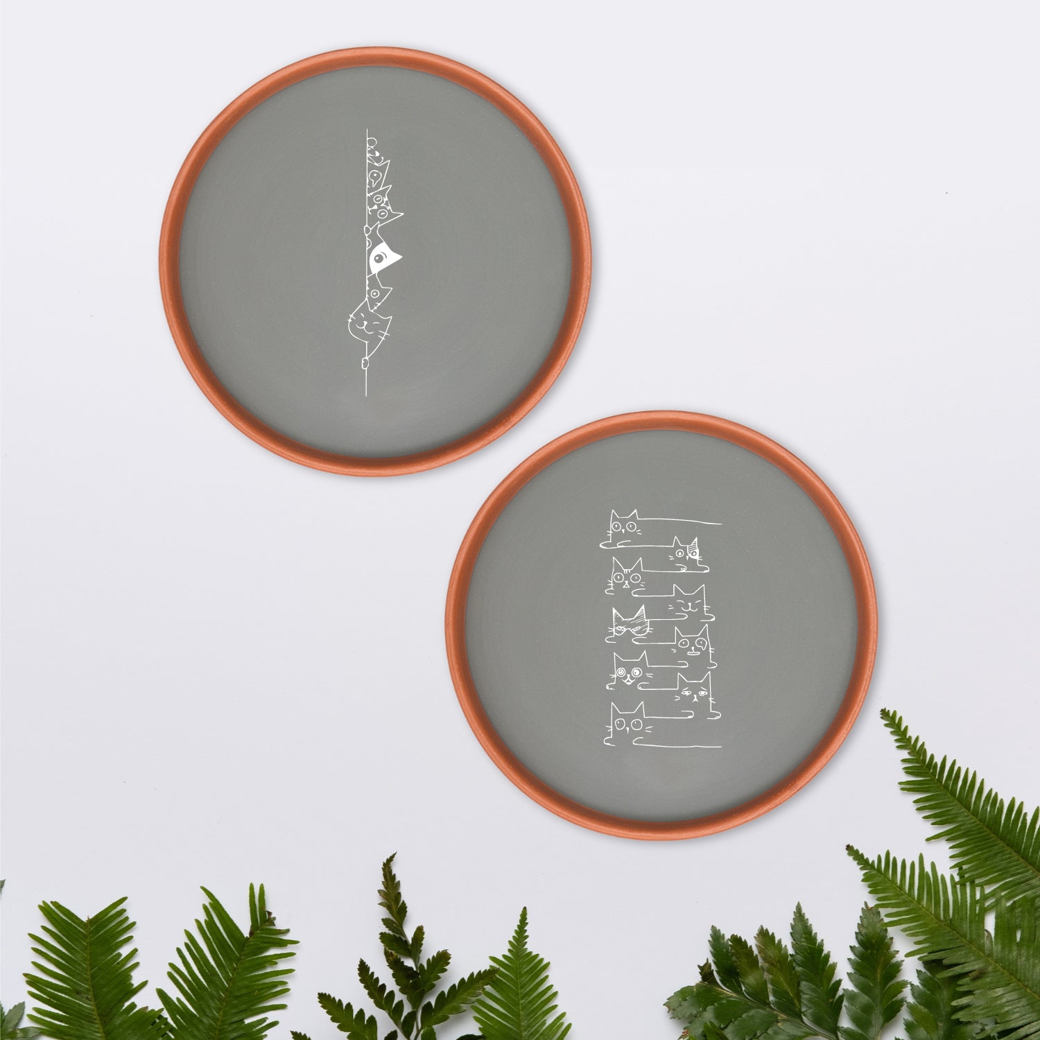 Terracotta Wall Plate With Quircky Cat Illustration