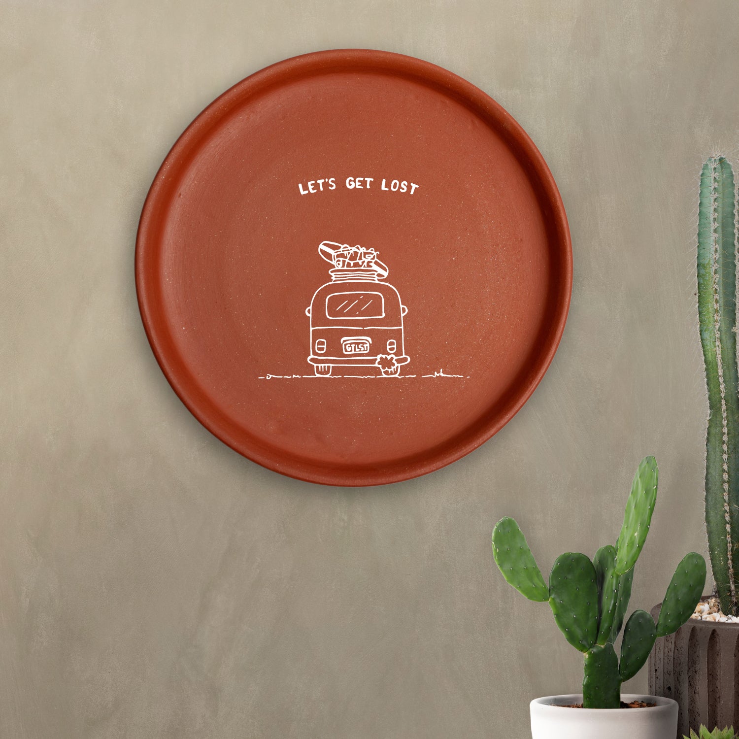 Terracotta Wall Plate - Illustration of Caravan Van With Quote Let's Get Lost