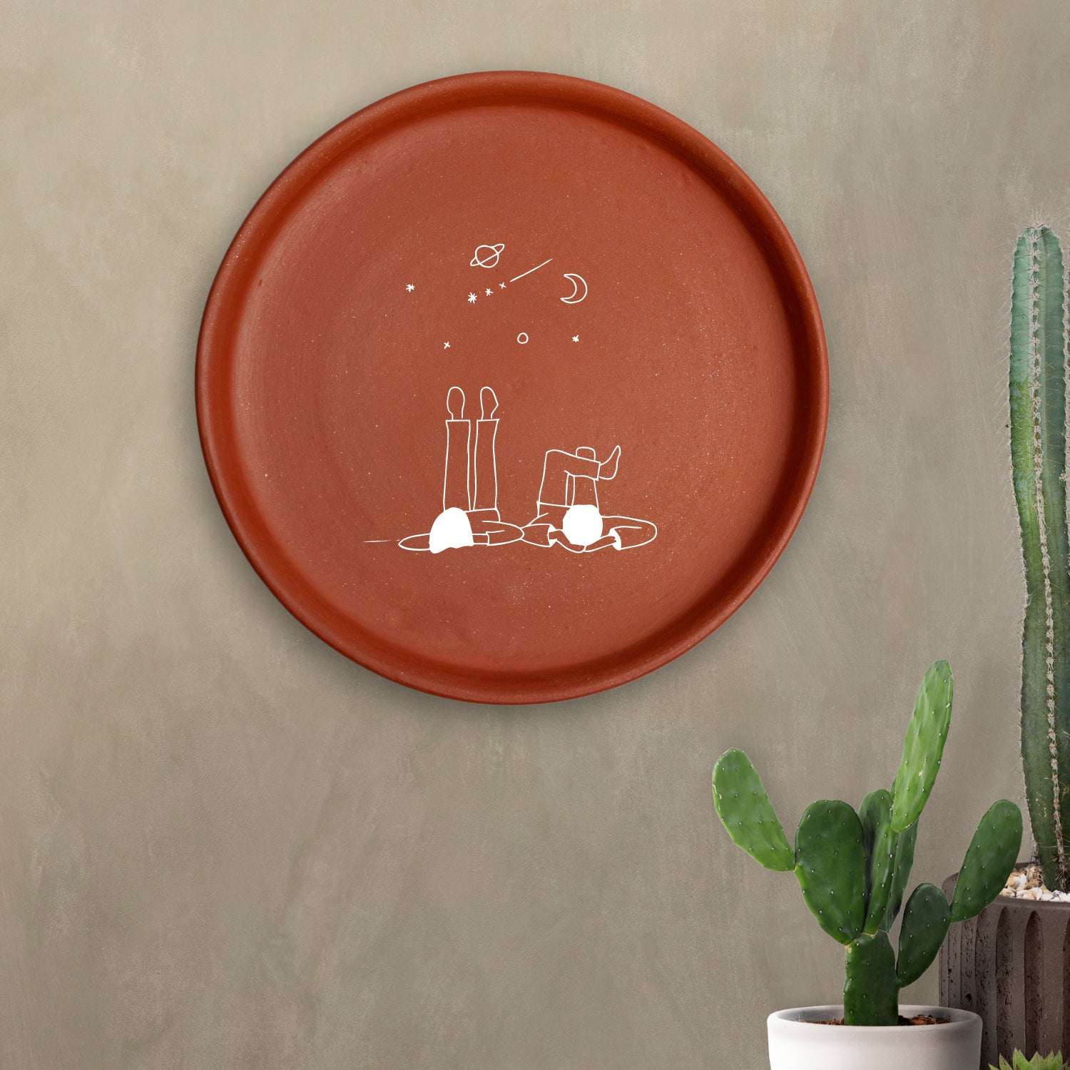 Terracotta Wall Plate - Night Sky Watching Illustration