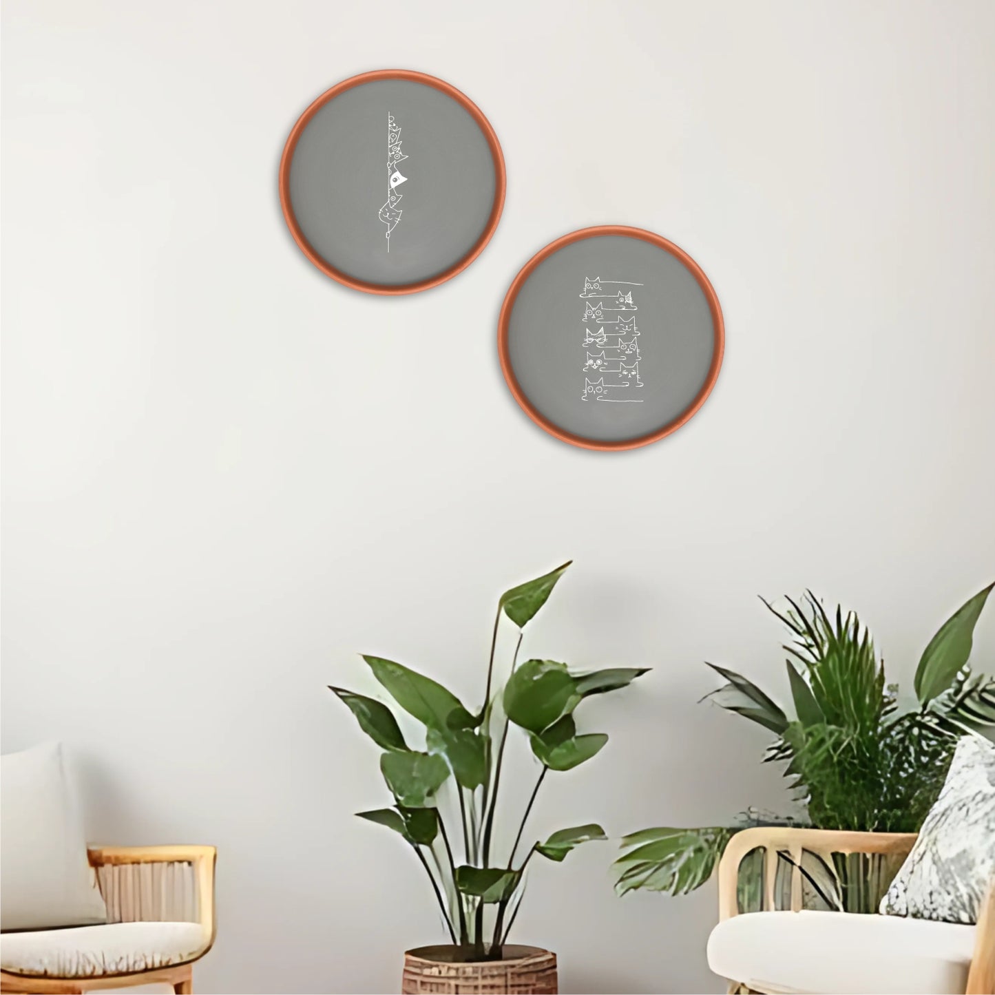 Terracotta Wall Plate With Quircky Cat Illustration
