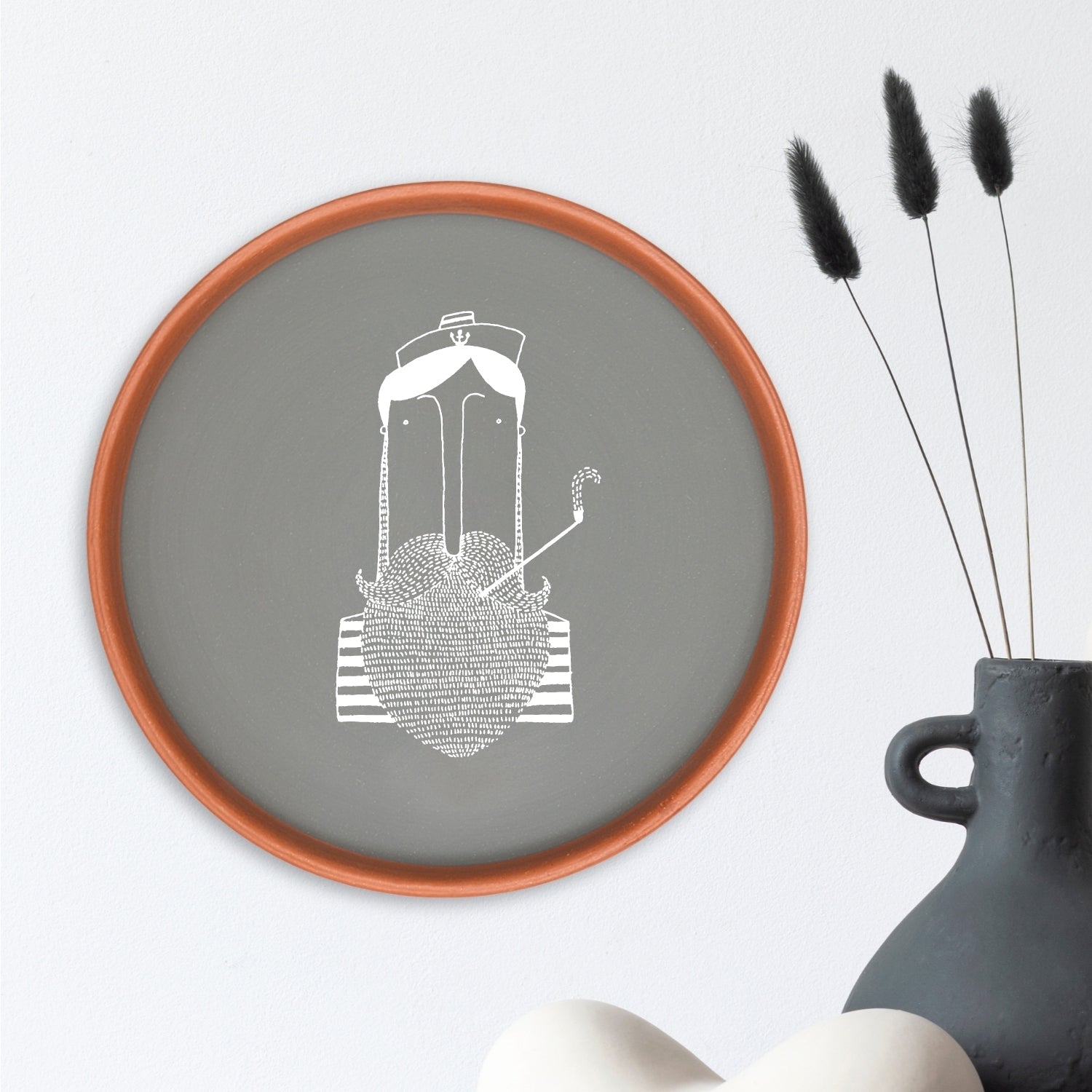 Terracotta Wall Plate - Quircky Art Smoking Pipe Illustration