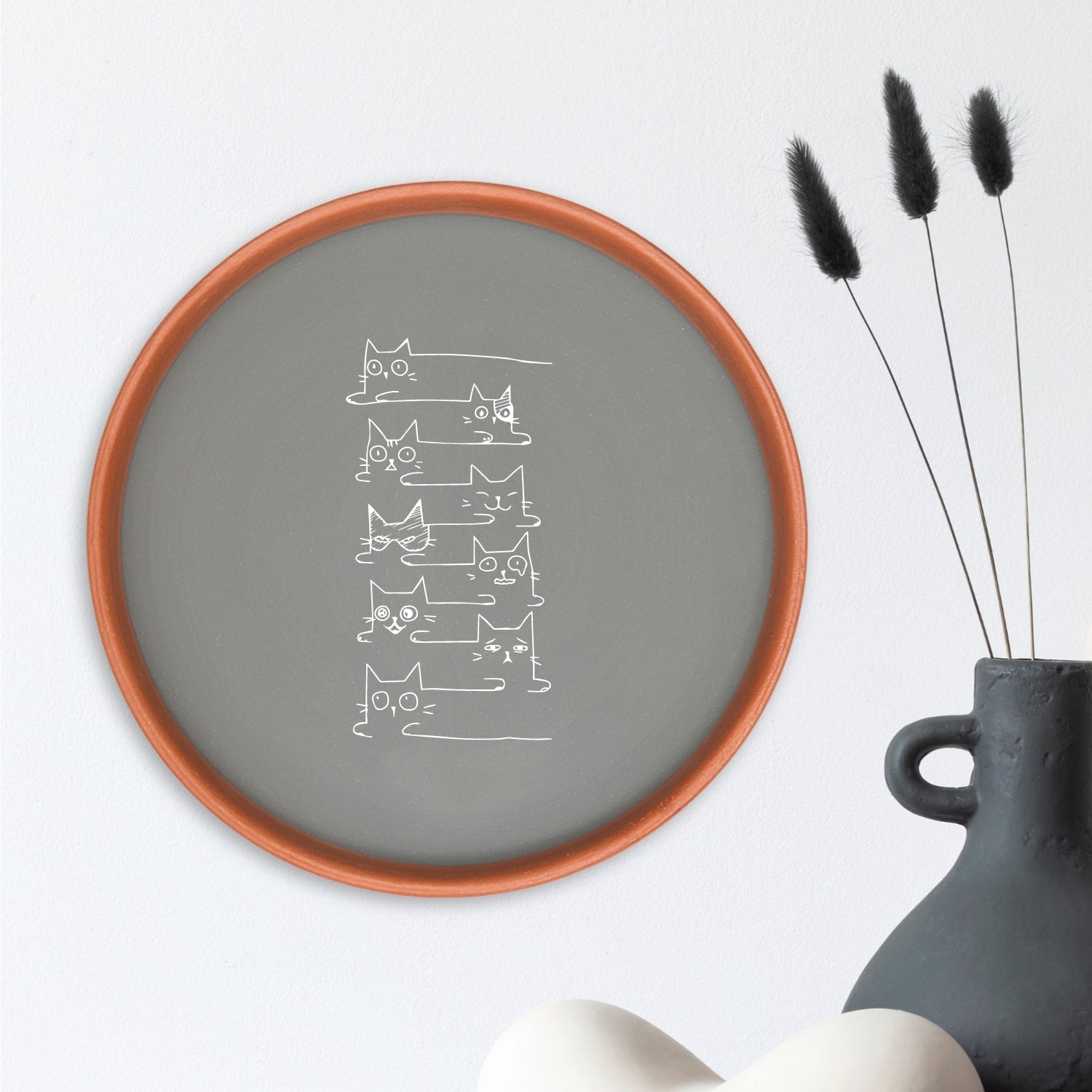Terracotta Wall Plate - Zigzag Quircky Cat Line Illustration