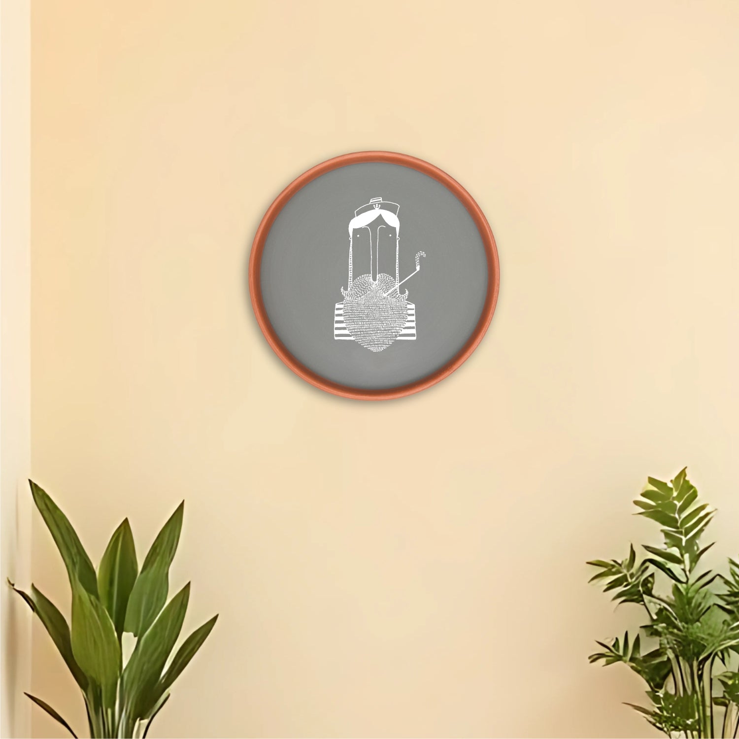 Terracotta Wall Plate - Quircky Art Smoking Pipe Illustration