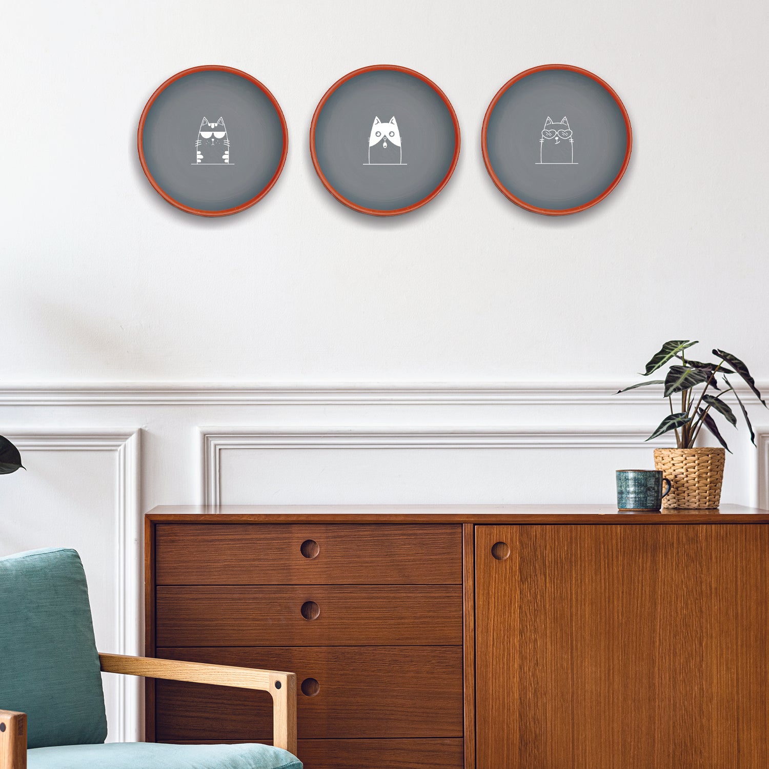 Minimal Cat Illustration Small Terracotta Wall Plates