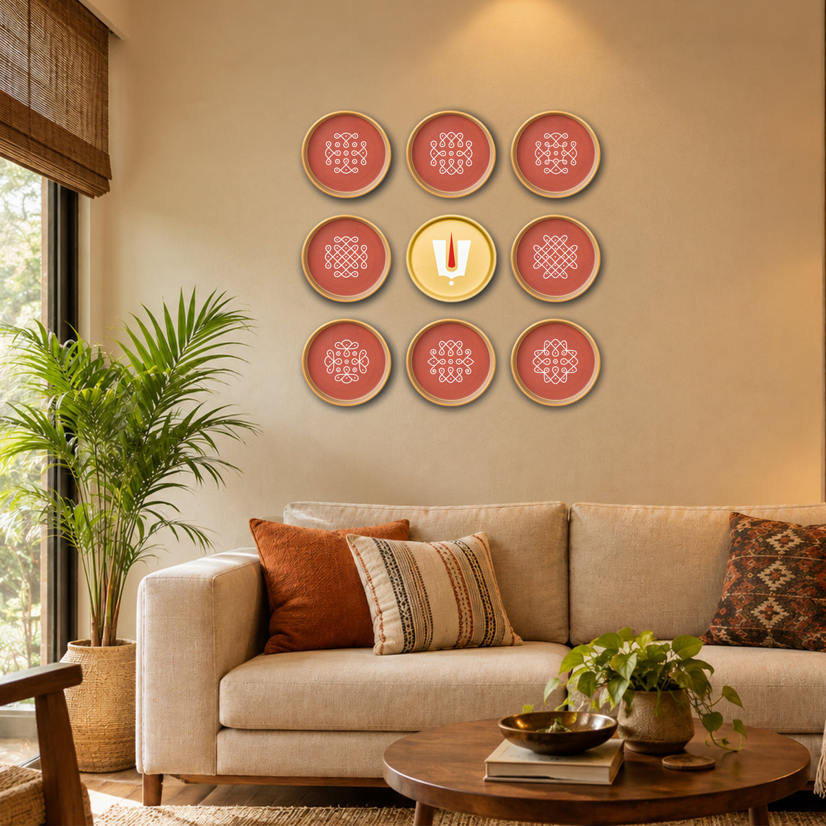 Kolam & Lord Tirupati Balaji Namam – Set of 9 Terracotta Wall Plates